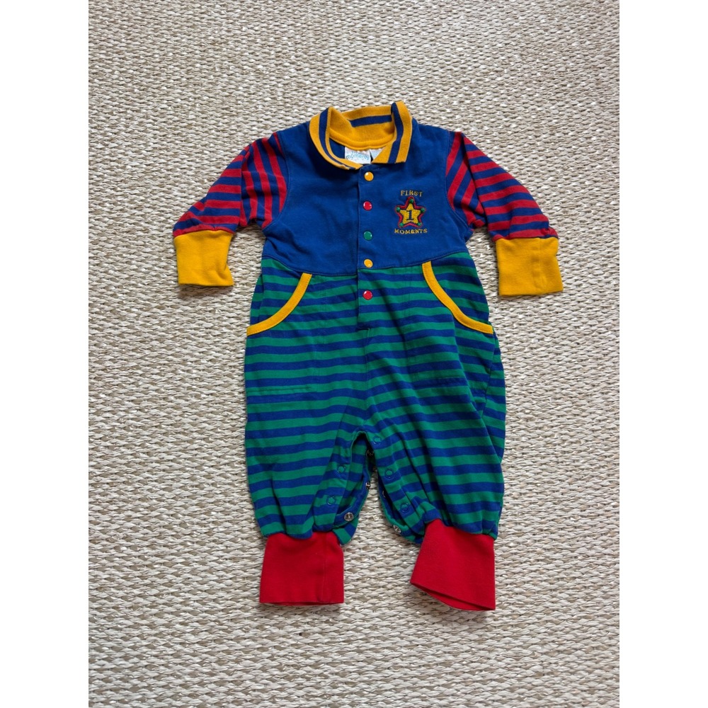 Vintage First Moments Baby Romper Primary Color Block Striped 90's one Piece 6-9